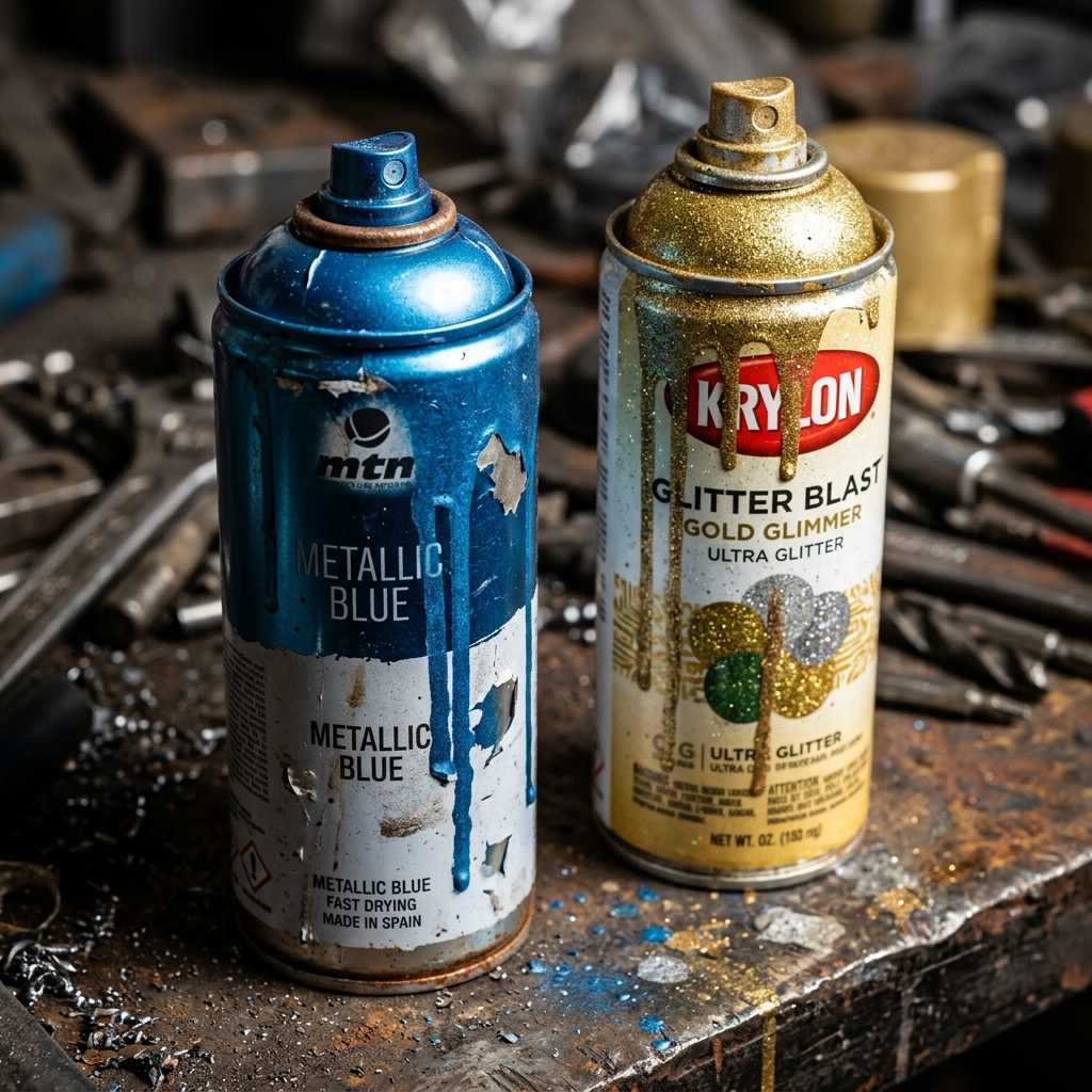 Close up view of aerosol spray paint cans showing premium metallic and glitter paint formulations on steel panels