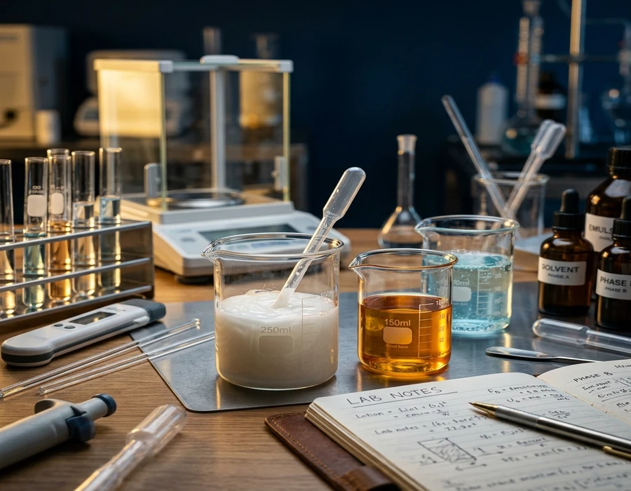 Formulation chemist workbench with lab beakers, pipettes, and formulation notes